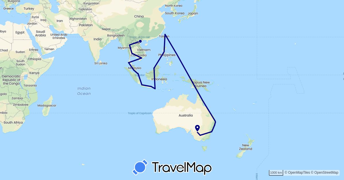 TravelMap itinerary: driving in Australia, Brunei, Indonesia, Cambodia, Laos, Malaysia, Philippines, Singapore, Thailand, Taiwan, Vietnam (Asia, Oceania)
